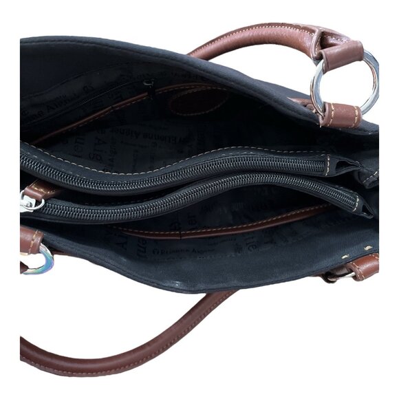 Etienne Aigner Black Canvas Satchel Tote Bag Brown Leather Trim Logo Charm – Eas - Picture 5 of 12